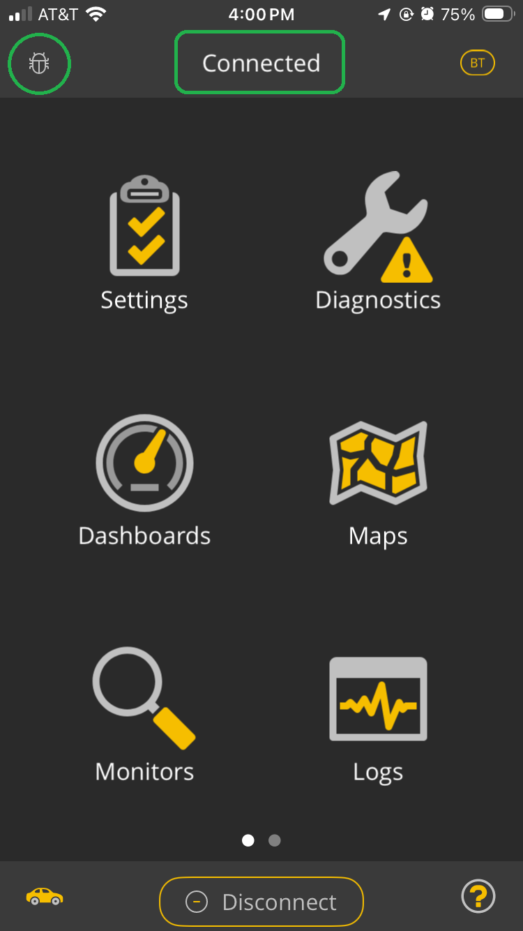 iOS screen showing the OBDLink app. The Connected indicator and the Bug icon in the upper left corner are both highlighted.