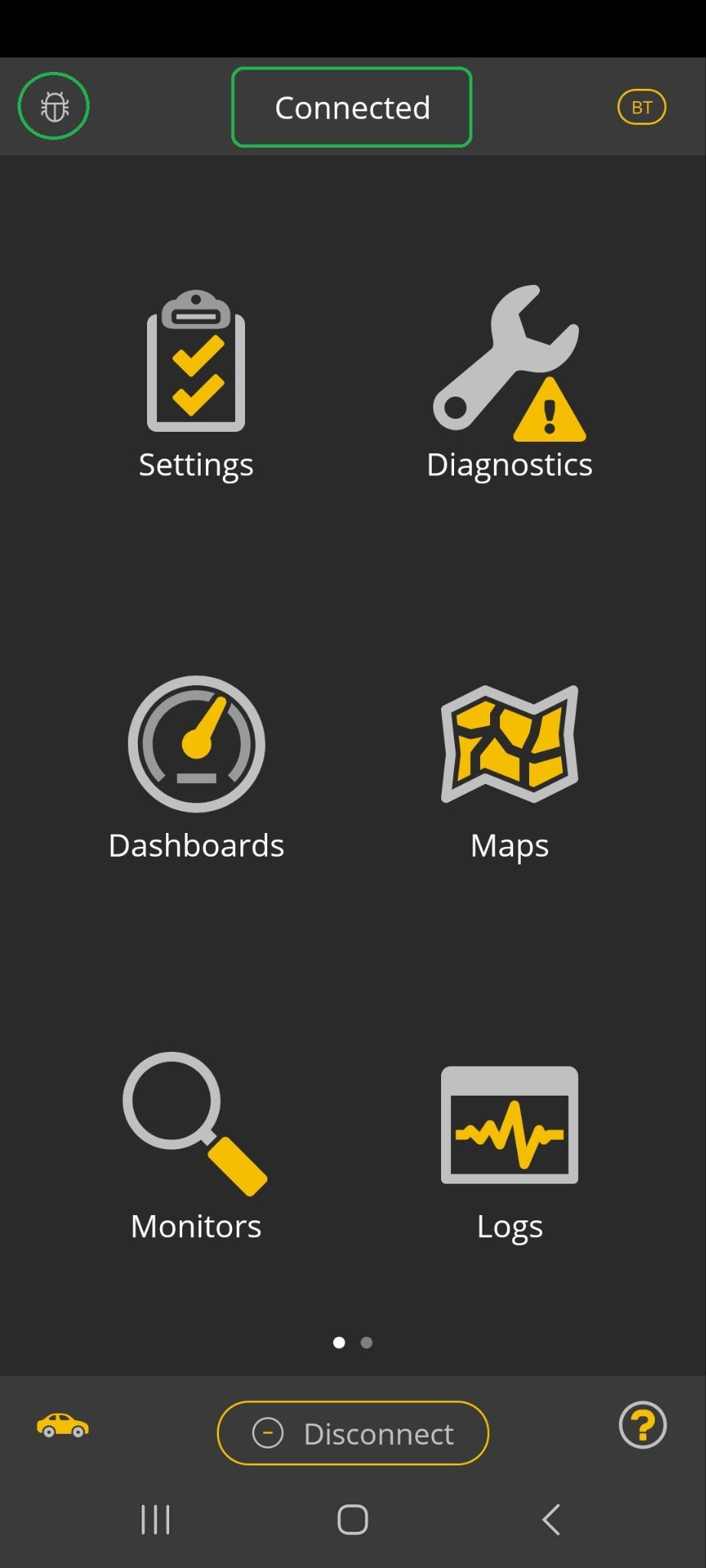 Android screen showing the OBDLink app. The Connected indicator and the Bug icon in the upper left corner are both highlighted.