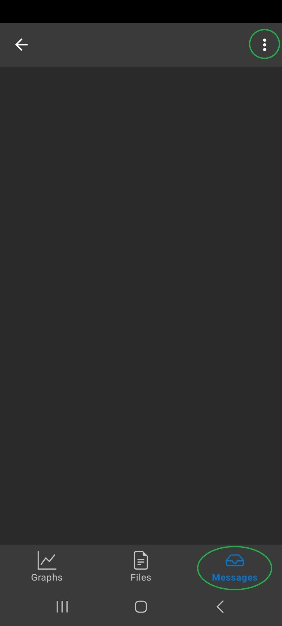 Android screen showing the Logs Messages tab. The 3 dots menu button in the upper right corner and the Messages tab are both highlighted. 