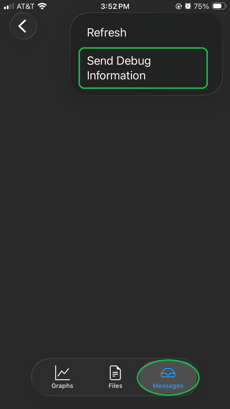iOS Logs Messages screen showing the Menu options. The "Send Debug Information" option is highlighted. The Messages tab is also highlighted.