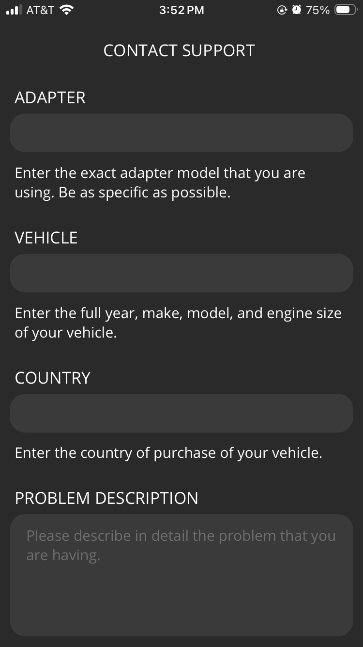 iOS screen showing the Contact Support email form. 