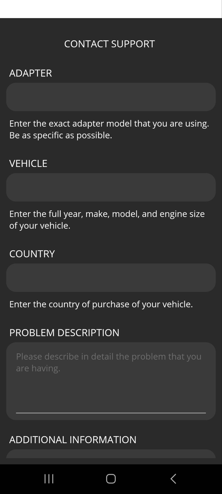 Android screen showing the Contact Support email form. 
