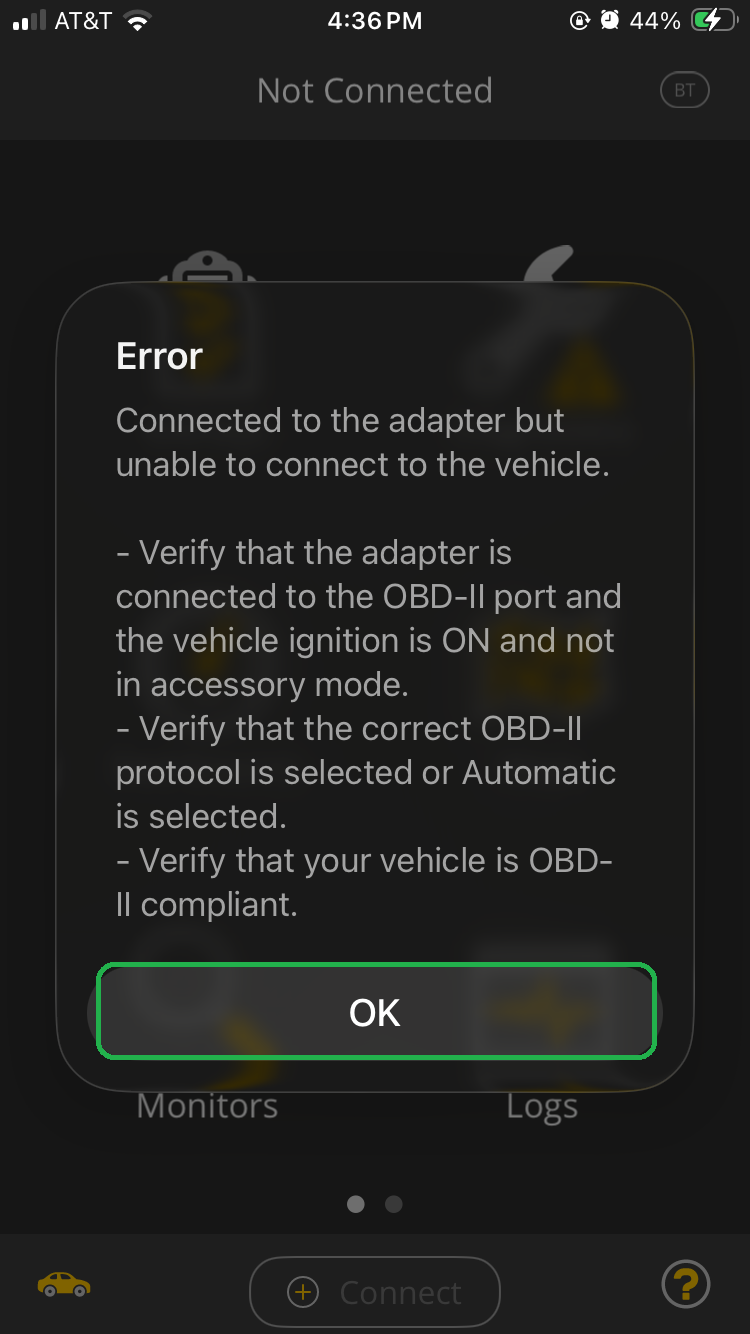 iOS Error message screen. The OK button is highlighted.