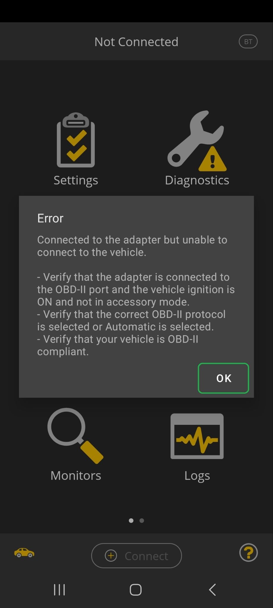 Android Error message screen. The OK button is highlighted.