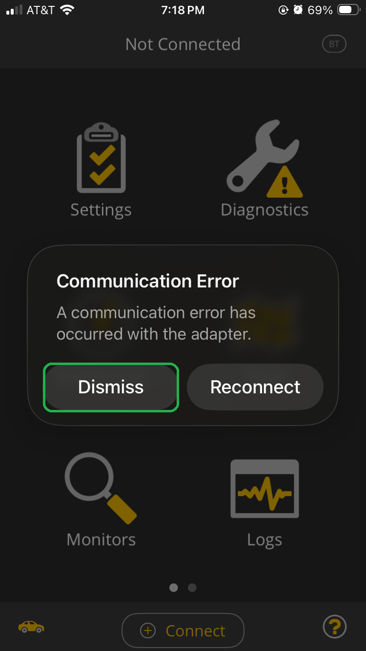 iOS Communication Error message screen. The Dismiss button is highlighted.
