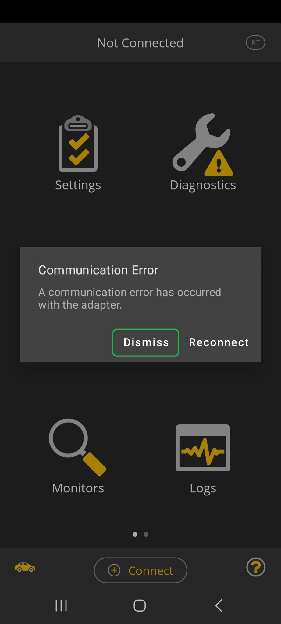 Android Communication Error message screen. The Dismiss button is highlighted.