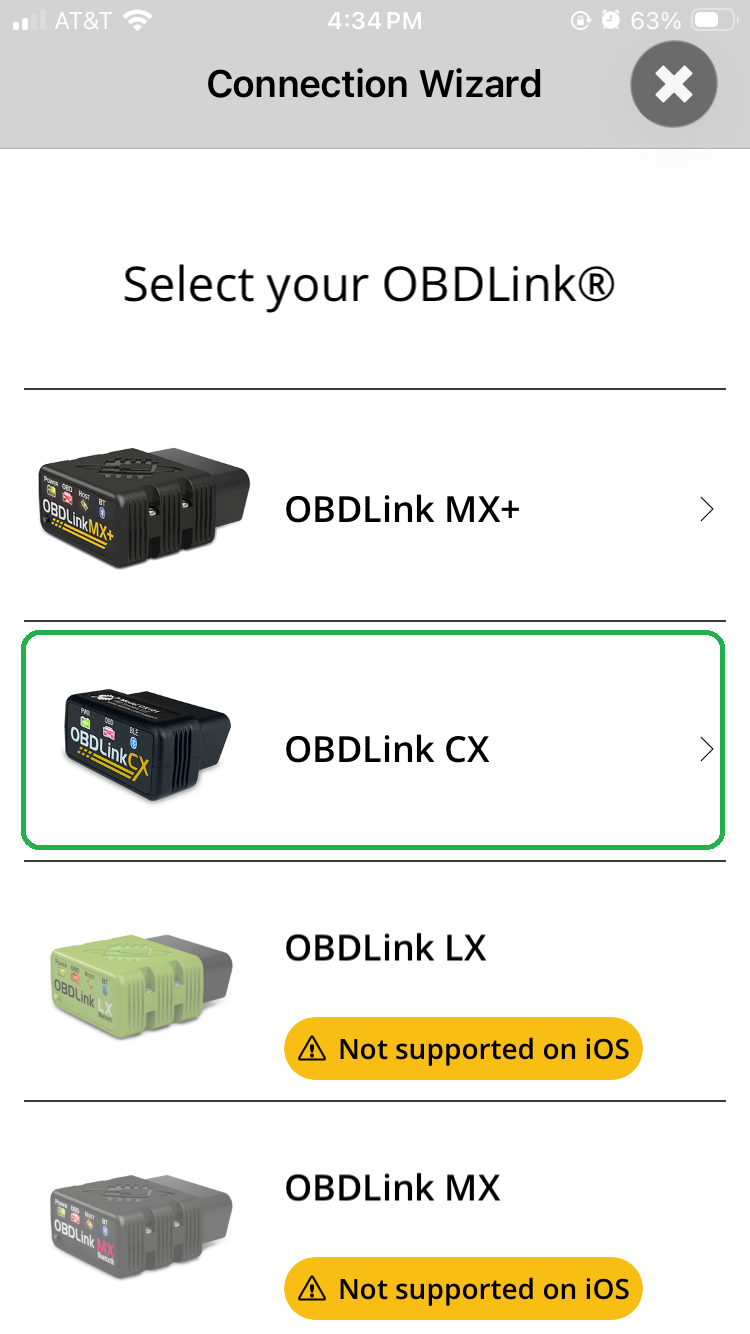 iOS screen showing the OBDLink app Connection Wizard. The screen says "Select your OBDLink". The option for OBDLink CX is highlighted.