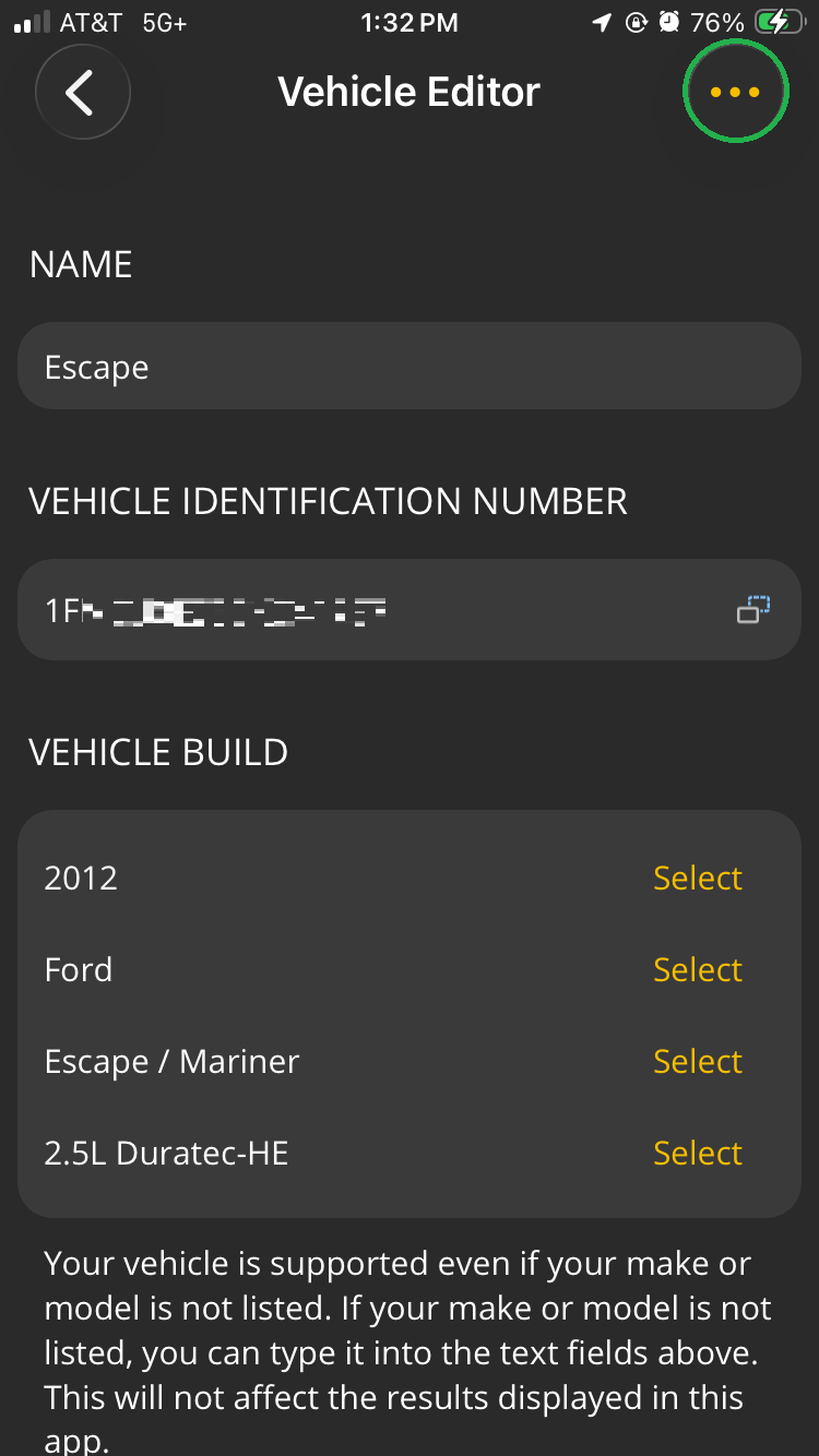 iOS screen showing the Vehicle Editor screen. The 3 dots menu button is highlighted.