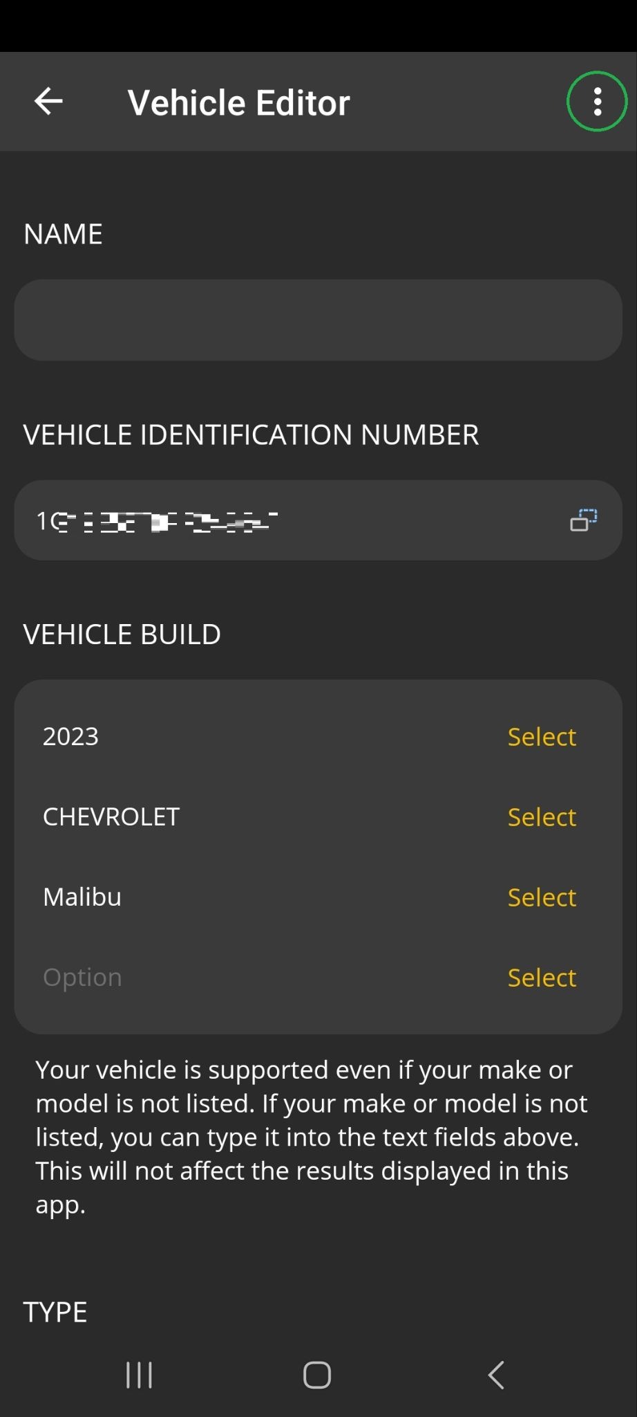 Android screen showing the Vehicle Editor screen. The 3 dots menu button is highlighted.