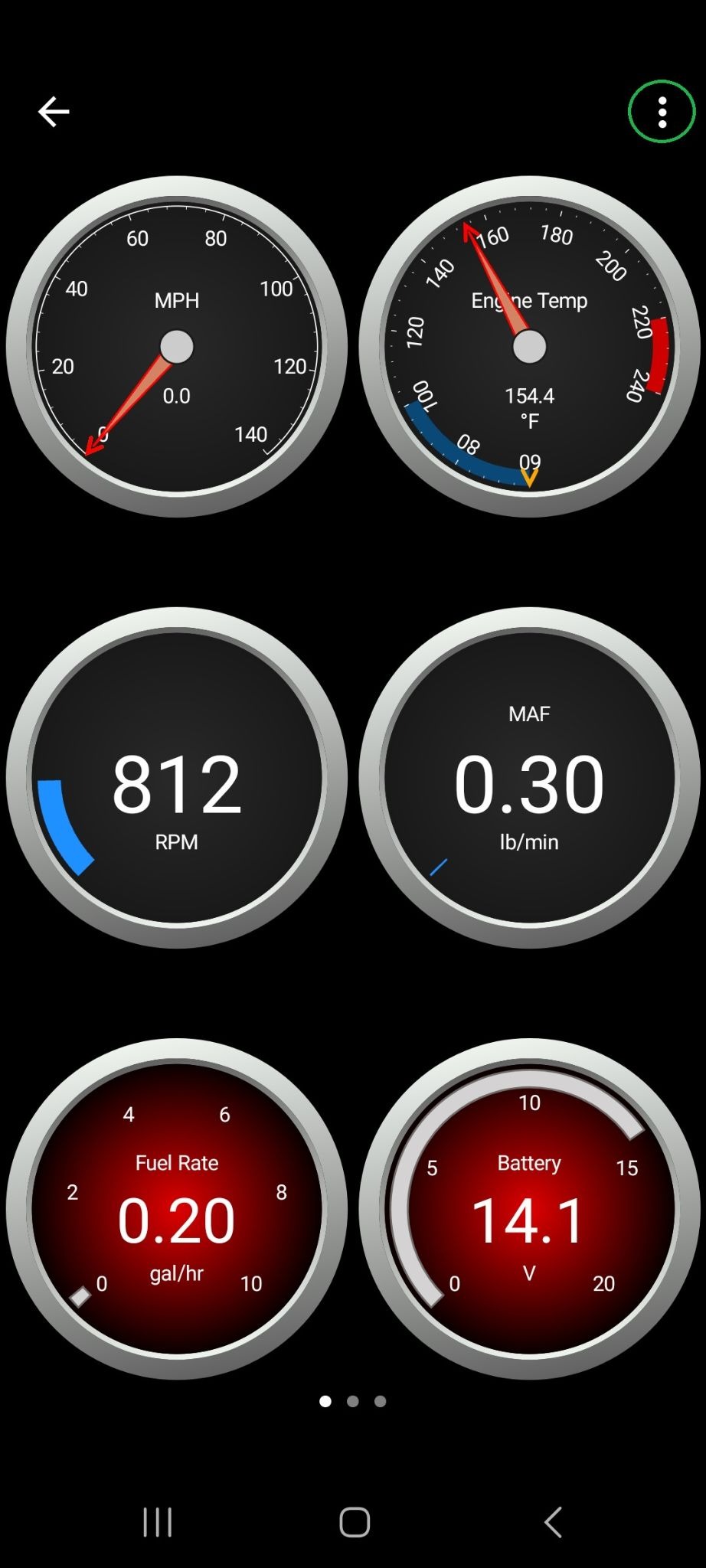 Android Dashboard screen with 3 dots menu button highlighted. 