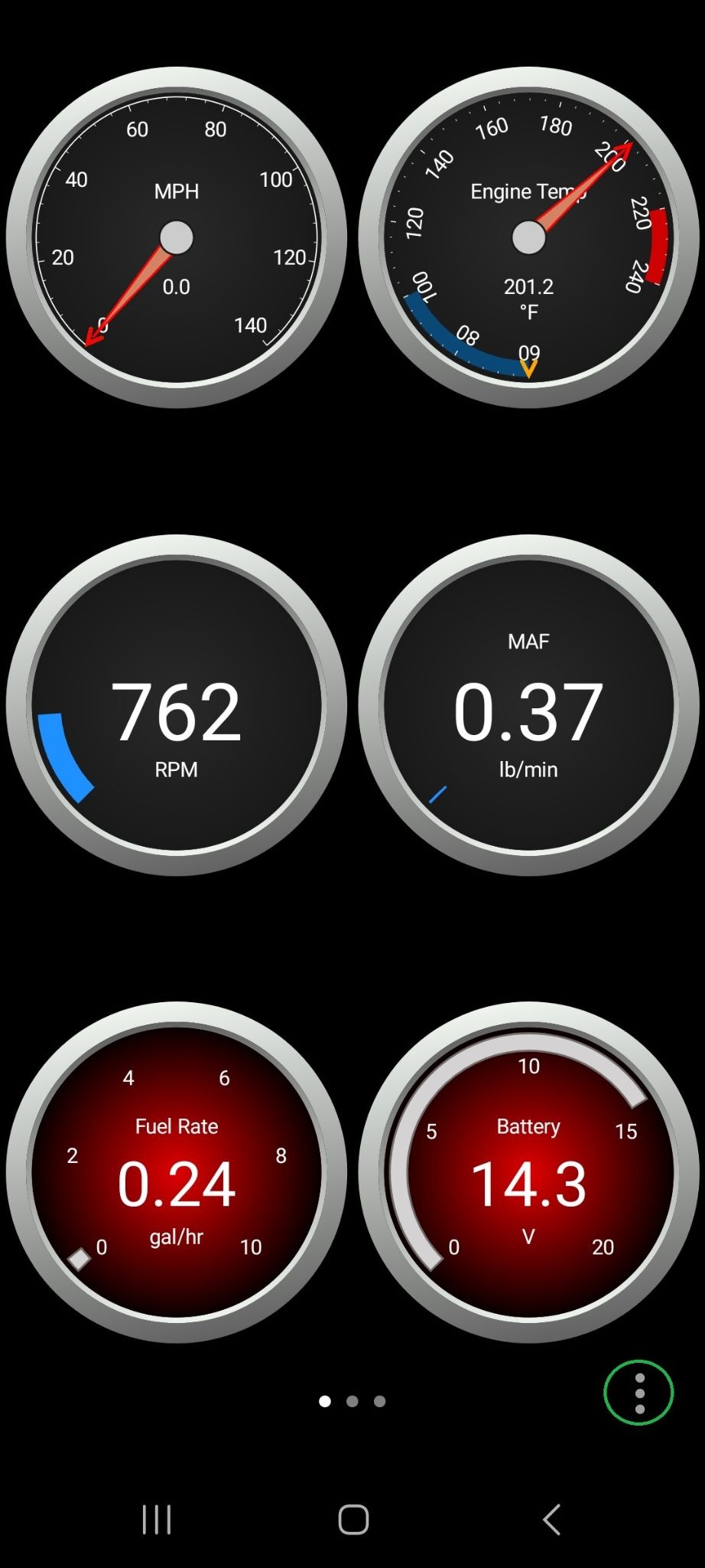 Android screen showing the first page of dashboard gauges. The 3 dots menu button in the bottom right corner is highlighted.
