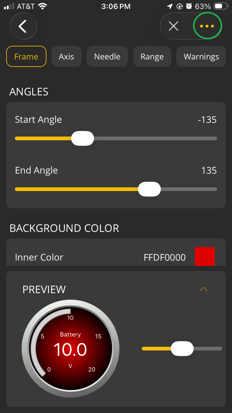 iOS screen showing the Frame tab of the Style menu. The 3 dots menu button in the upper right corner is highlighted.