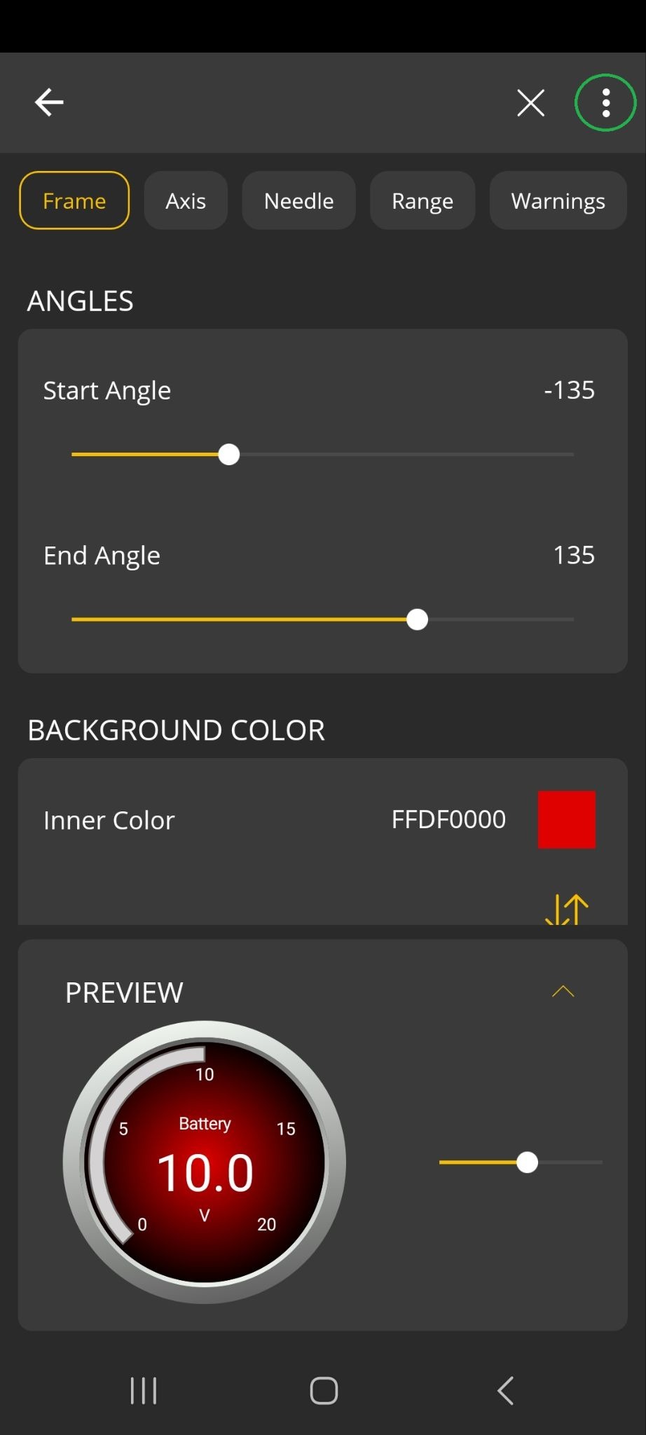 Android screen showing the Frame tab of the Style menu. The 3 dots menu button in the upper right corner is highlighted.