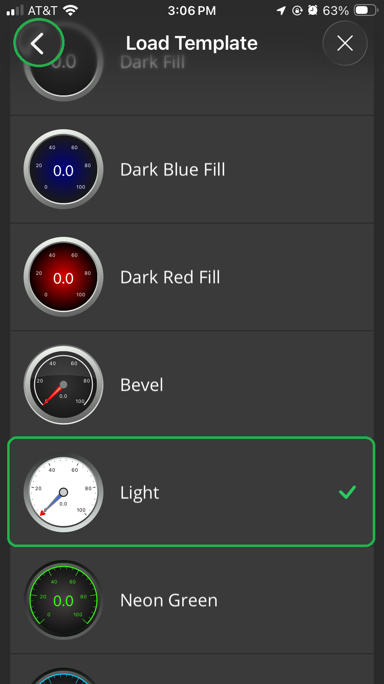 iOS screen showing the Load Template options. The Light option is highlighted. The Back arrow button is also highlighted in the upper left corner.