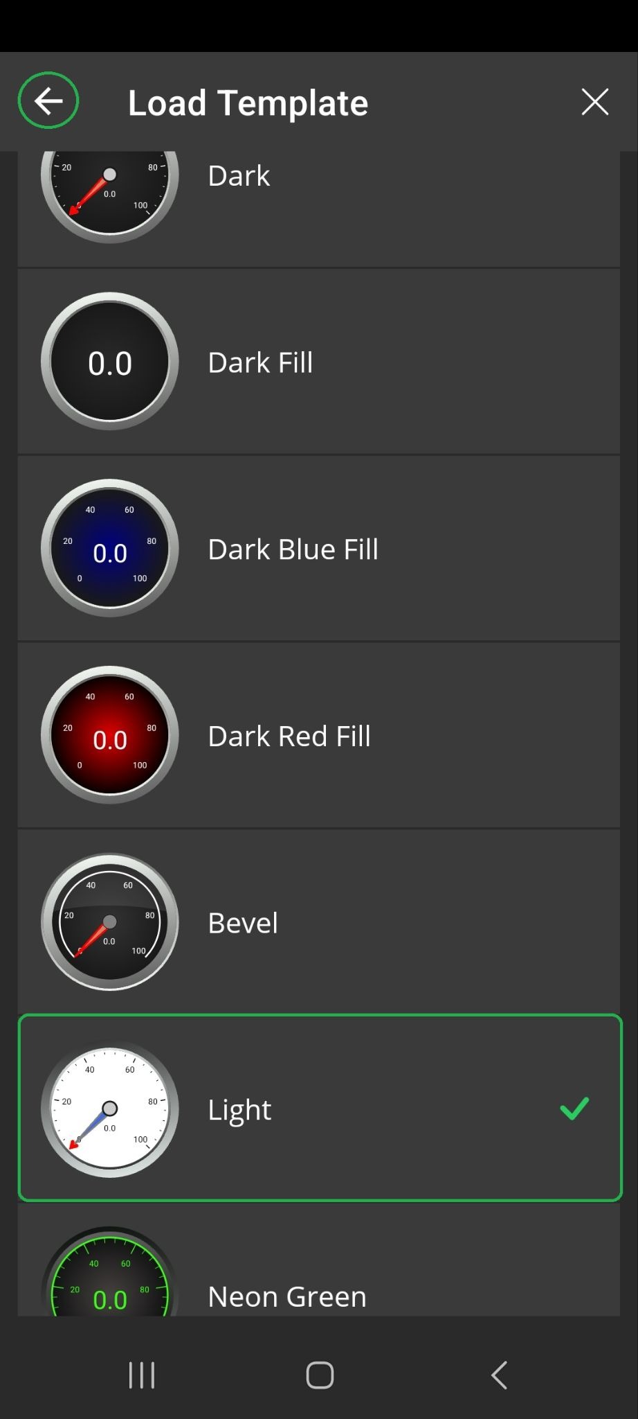 Android screen showing the Load Template options. The Light option is highlighted. The Back arrow button is also highlighted in the upper left corner.