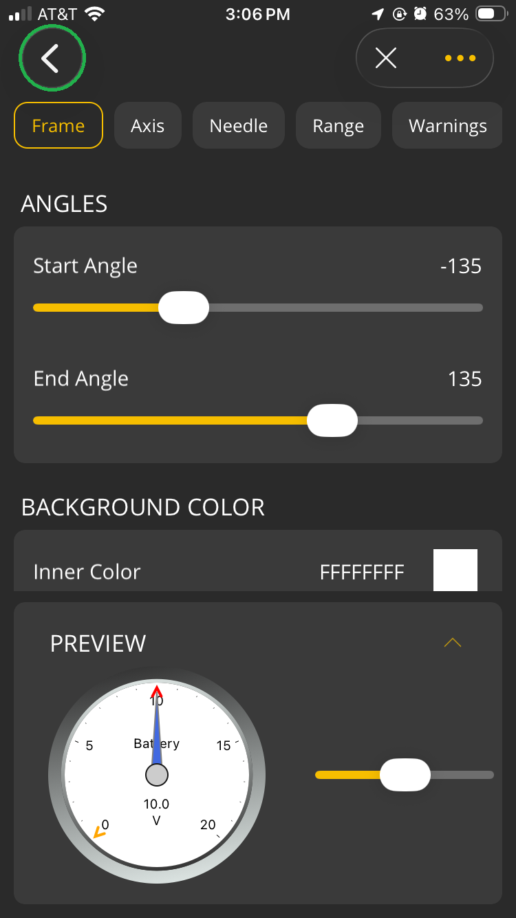 iOS screen showing the Frame settings for the Light option. The Back Arrow button is highlighted in the upper left corner.