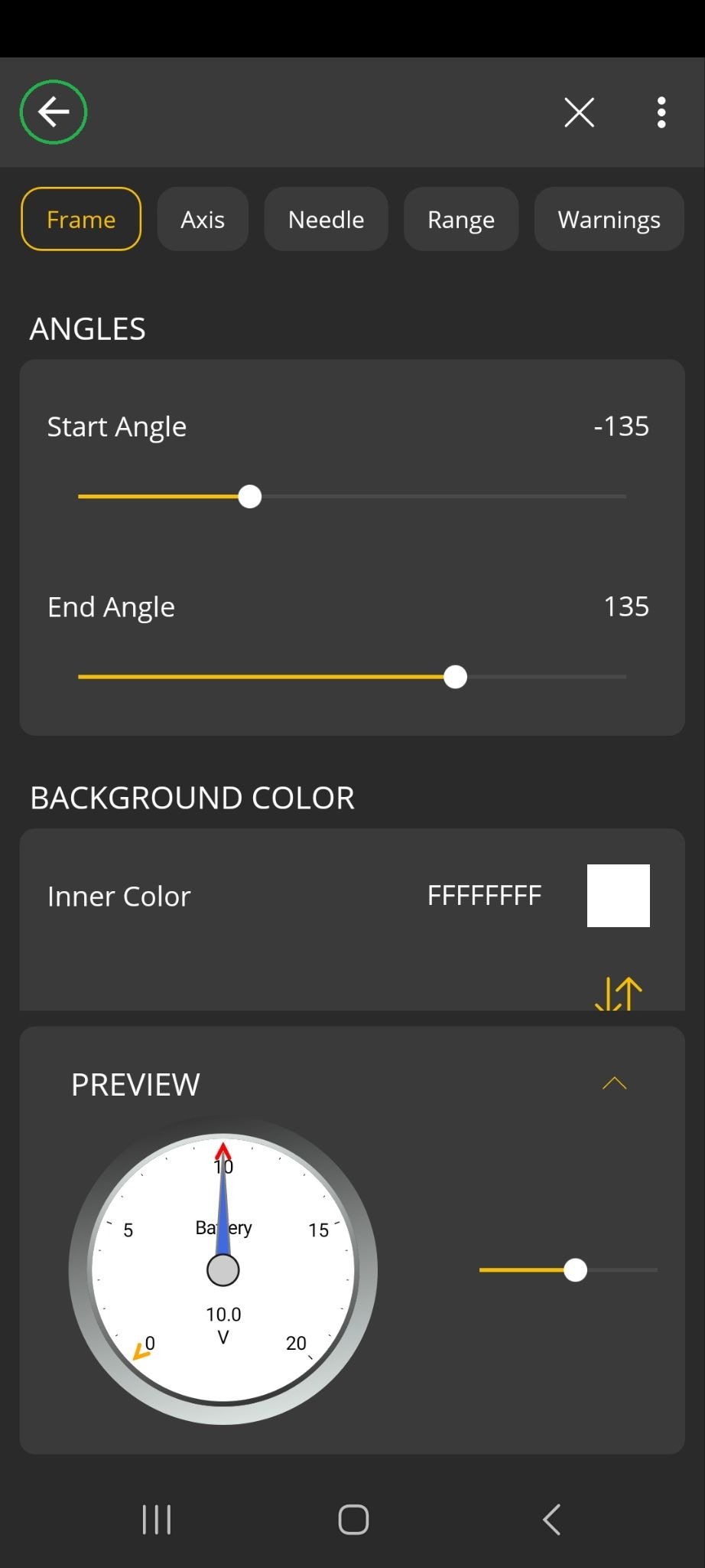 Android screen showing the Frame settings for the Light option. The Back Arrow button is highlighted in the upper left corner.