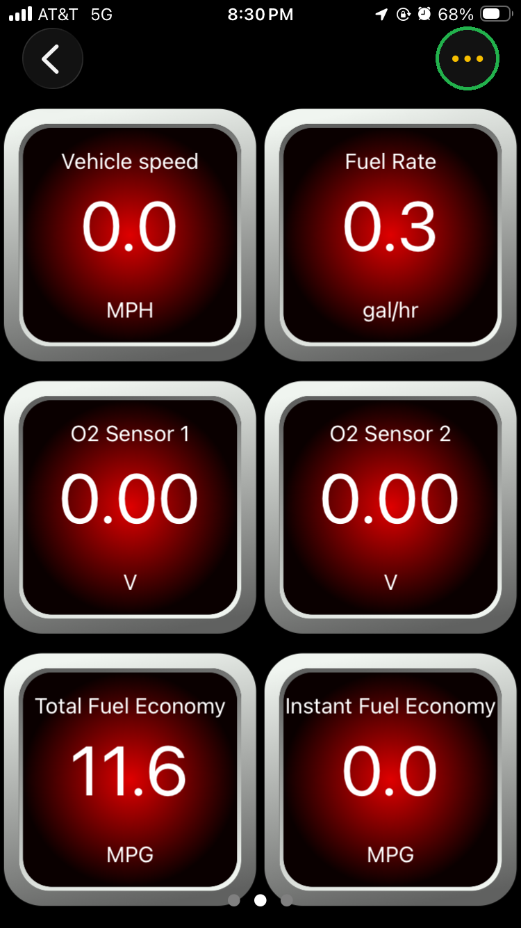 iOS screen showing the second page of dashboards. The 3 dots menu button is highlighted in the upper right corner.