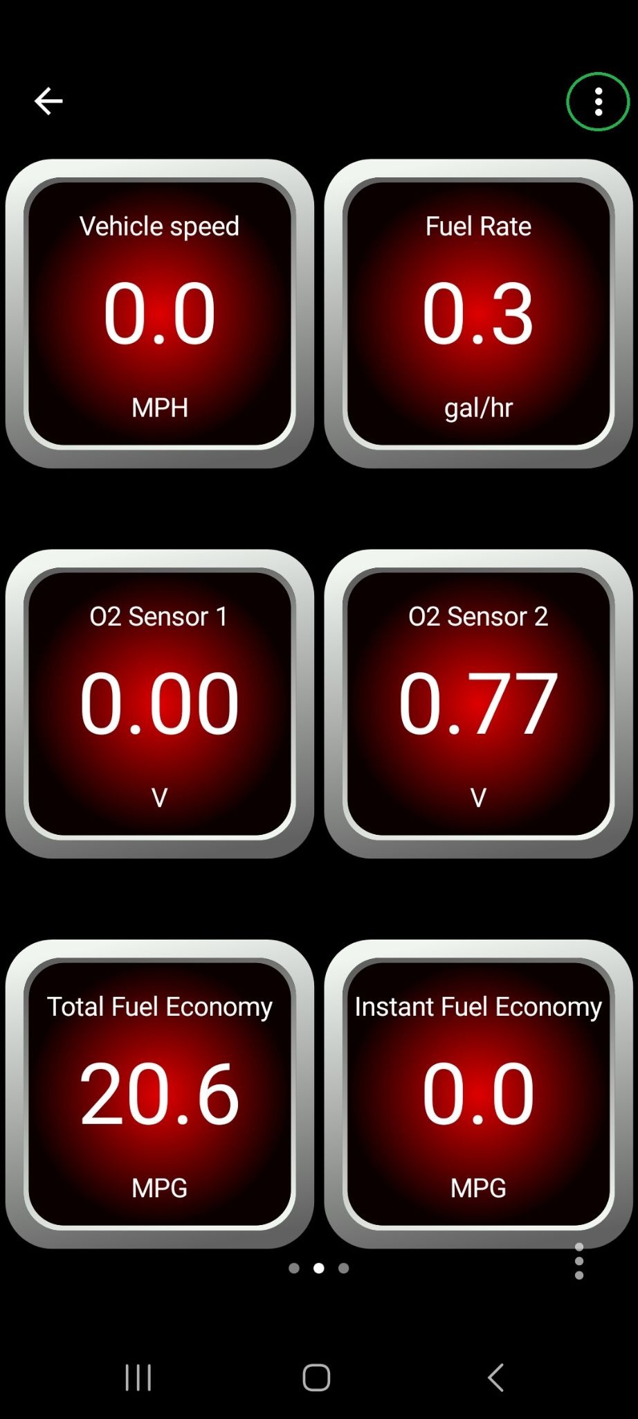 Android screen showing the second page of dashboards. The 3 dots menu button is highlighted in the upper right corner.