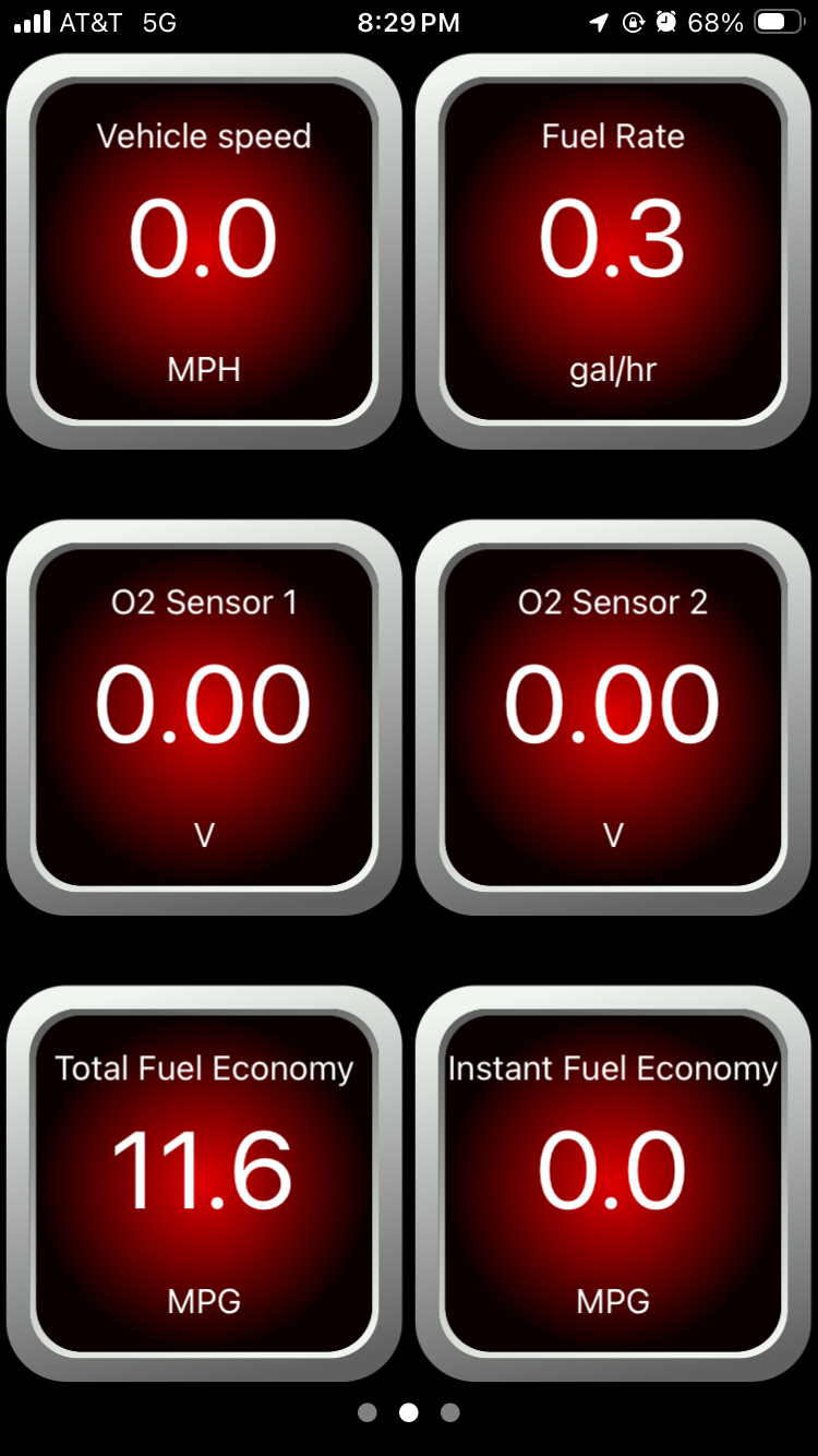 iOS screen showing the second page of Dashboard gauges.