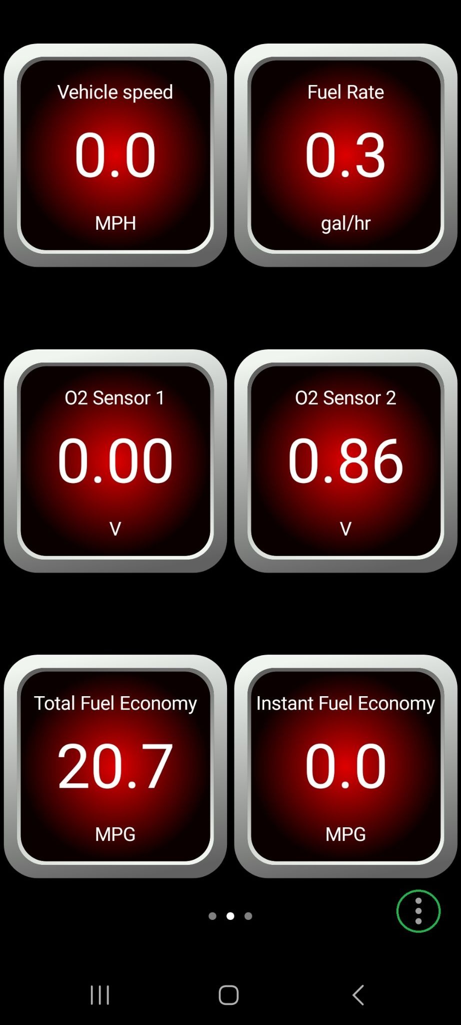 Android screen showing the second page of Dashboard gauges. The 3 dots menu button in the bottom right corner is highlighted.