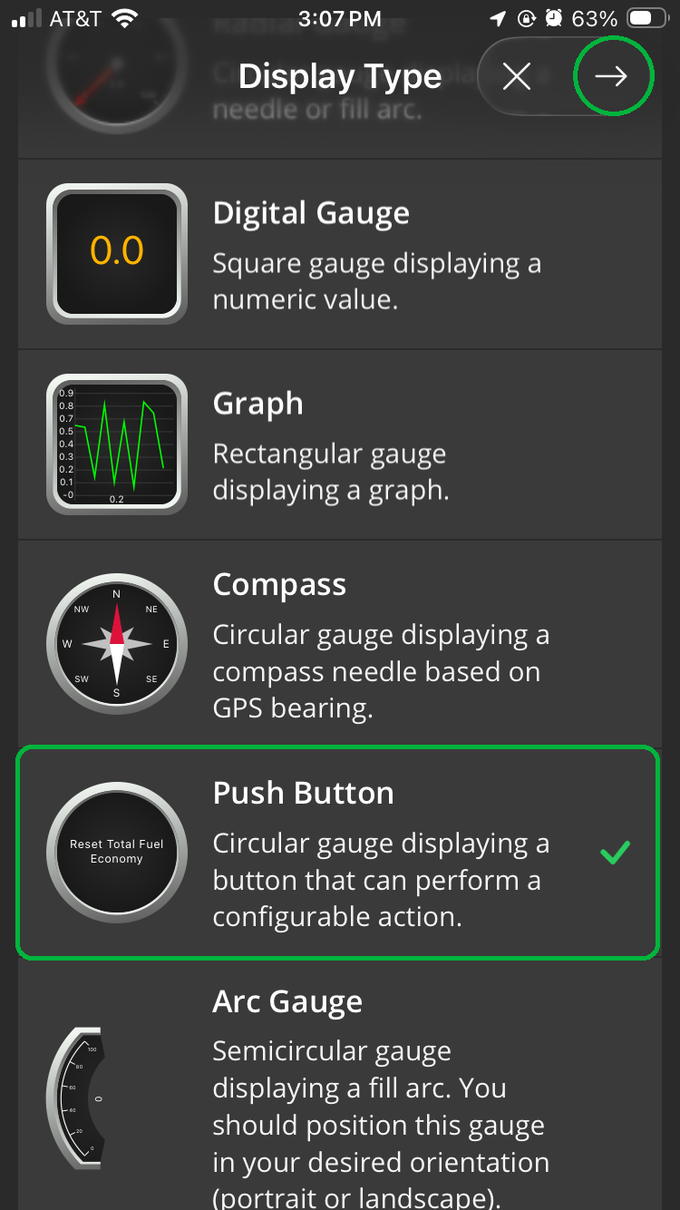 iOS screen showing the Display Type list of options. The Push Button option is highlighted. The Forward Arrow button is also highlighted in the upper right corner.