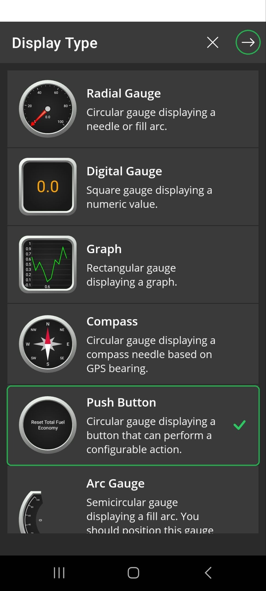 Android screen showing the Display Type list of options. The Push Button option is highlighted. The Forward Arrow button is also highlighted in the upper right corner.
