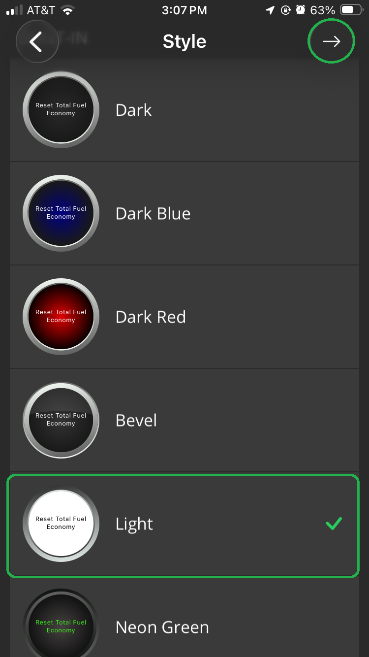 iOS screen showing the Style list of options. The Light option is highlighted. The Forward Arrow button is also highlighted in the upper right corner.