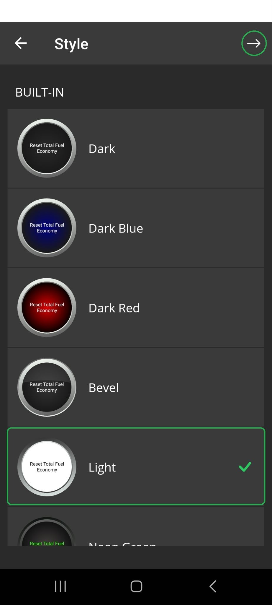 Android screen showing the Style list of options. The Light option is highlighted. The Forward Arrow button is also highlighted in the upper right corner.