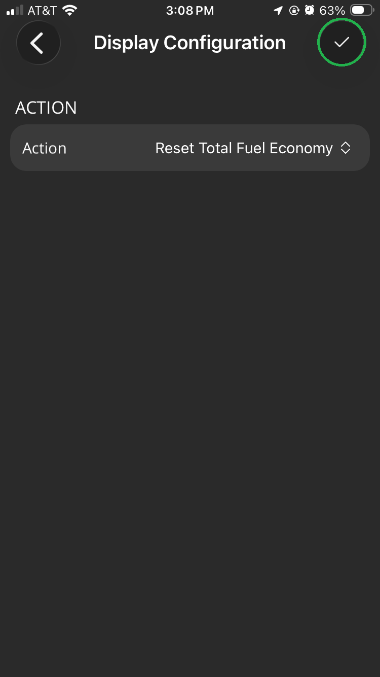 iOS Display Configuration screen showing the Action option. The checkmark in the upper right corner is highlighted.