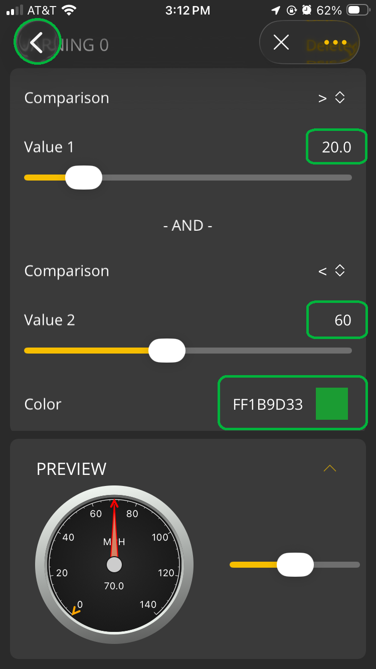 iOS screen showing the Warnings tab of the Style menu. The entries for Value 1, Value 2, and Color are highlighted. The Back Arrow is also highlighted in the upper left corner.
