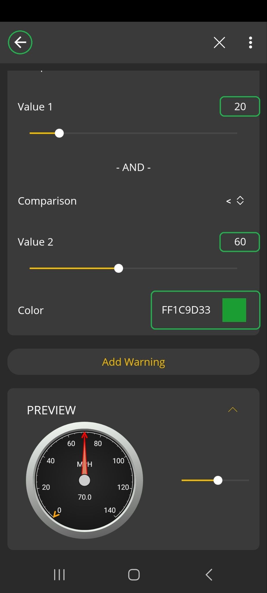 Android screen showing the Warnings tab of the Style menu. The entries for Value 1, Value 2, and Color are highlighted. The Back Arrow is also highlighted in the upper left corner.