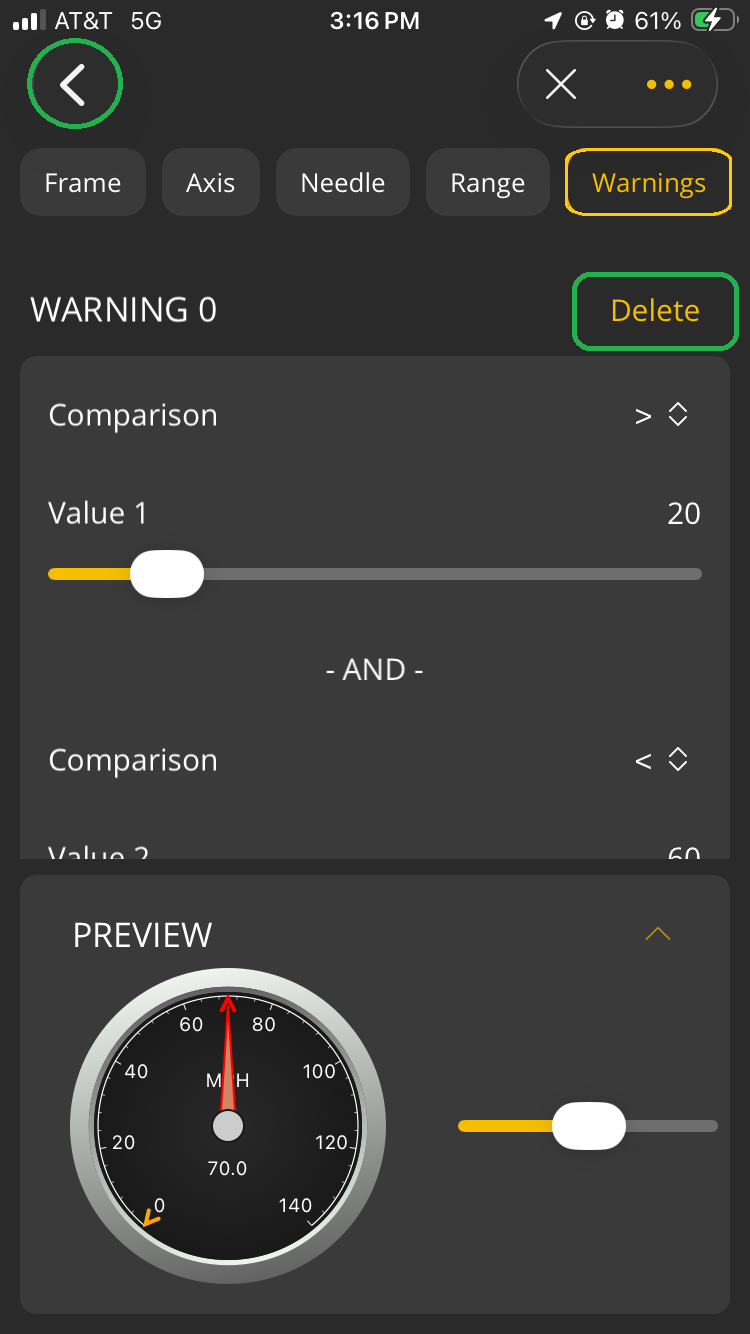 iOS screen showing the Warnings tab of the Style menu. The Delete button for Warning 0 is highlighted. The Back Arrow is also highlighted in the upper left corner.