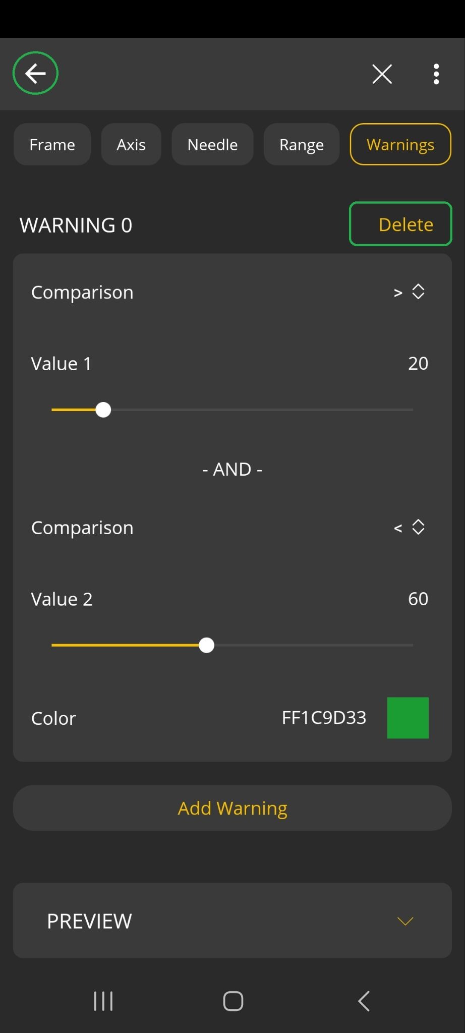 Android screen showing the Warnings tab of the Style menu. The Delete button for Warning 0 is highlighted. The Back Arrow is also highlighted in the upper left corner.