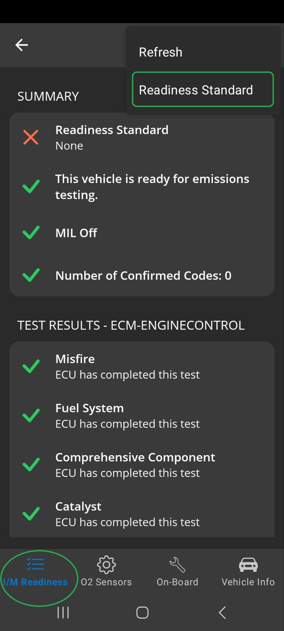 Android Monitors screen showing the I/M Readiness tab Menu options. The "Readiness Standard" option is highlighted.