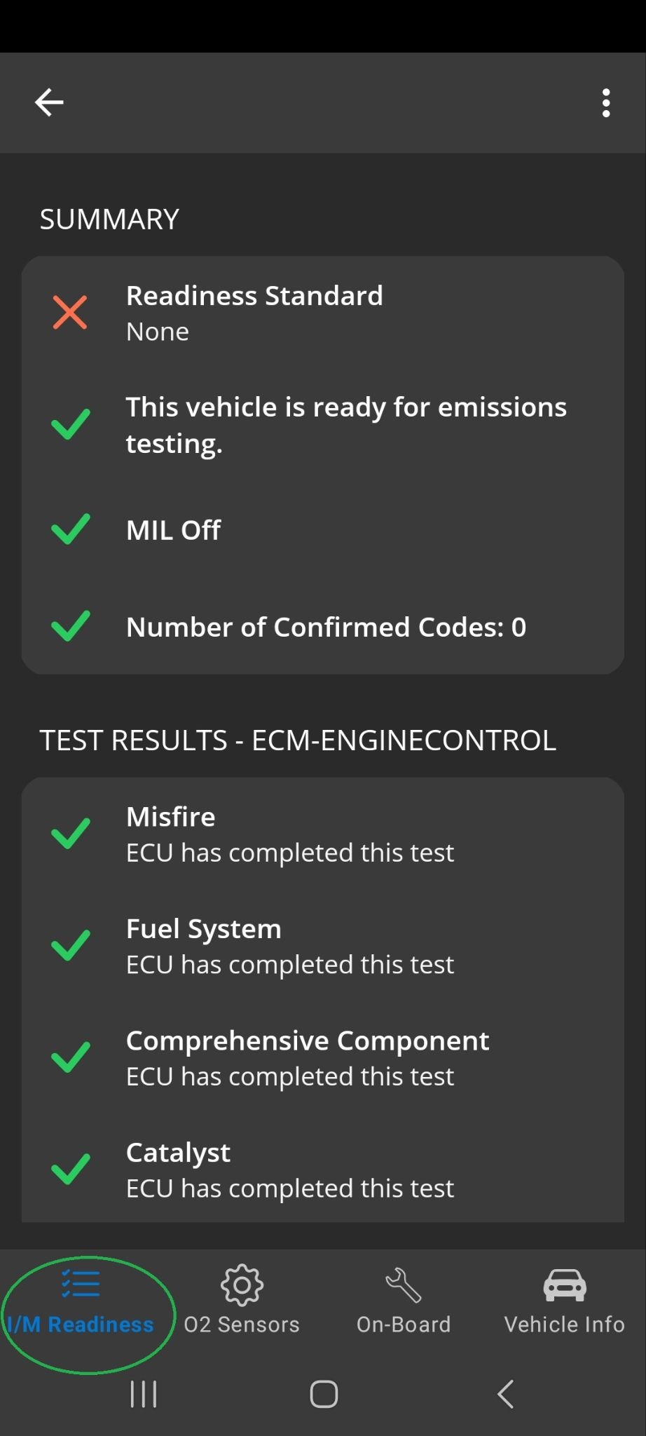 Android I/M Readiness screen showing monitor test results. The tab name is highlighted.