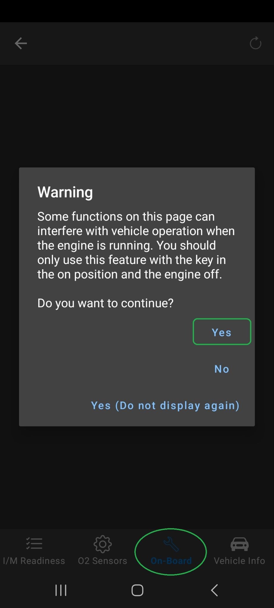 Android Monitors screen with the On-Board tab highlighted. A warning message is displayed. The Yes button is also highlighted.