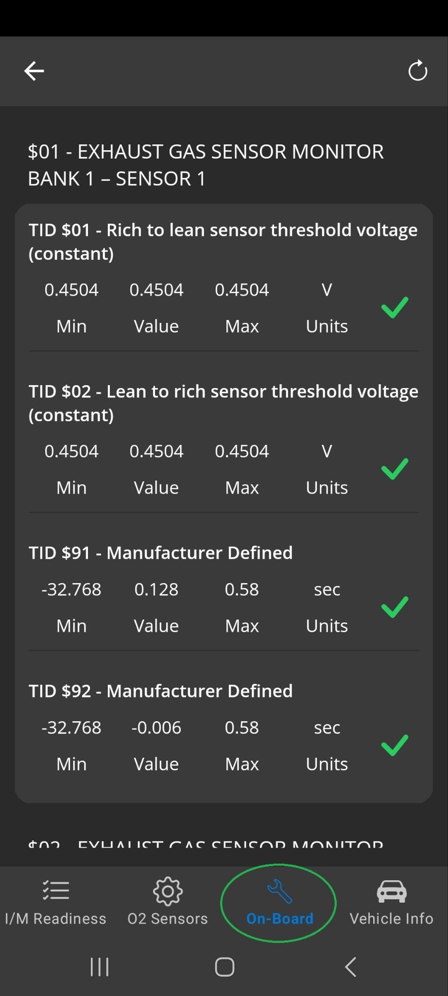 Android On-Board tab showing sensor data. The tab name is highlighted.