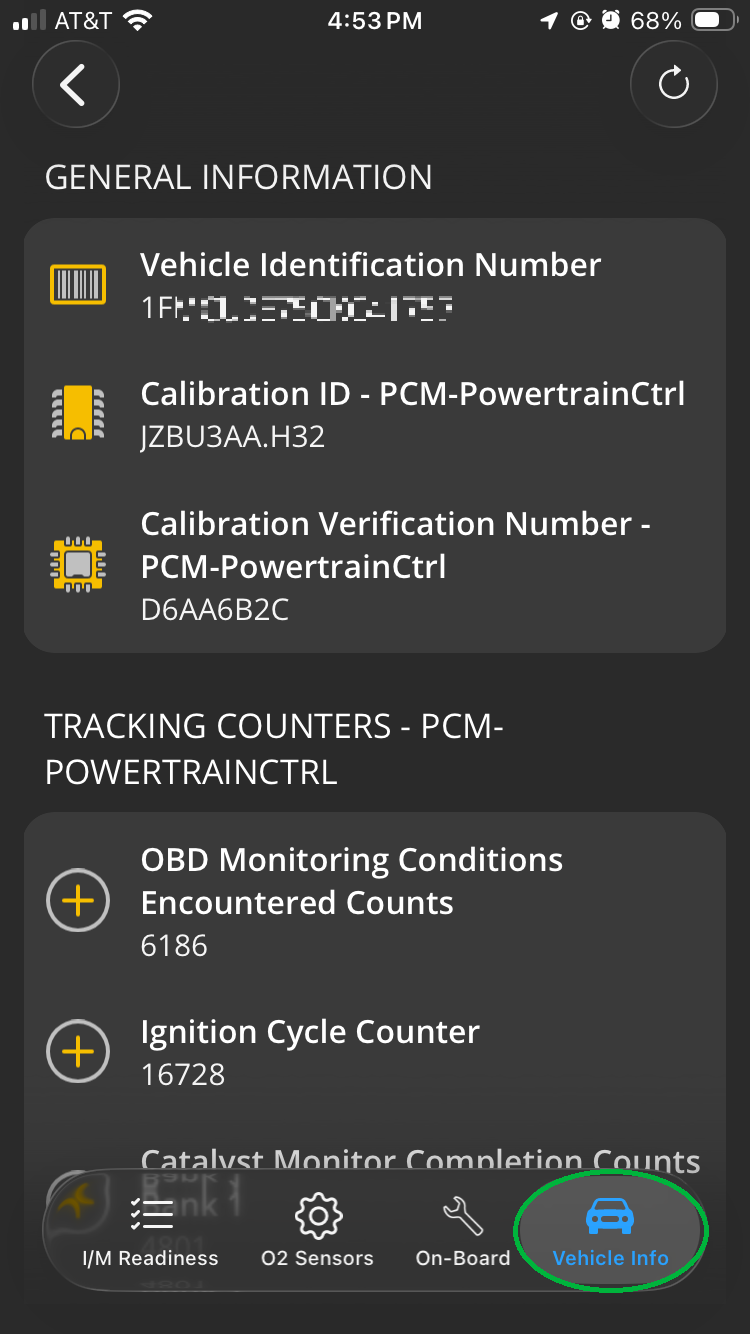 iOS Monitors screen with the Vehicle Info tab highlighted. Vehicle information is displayed.