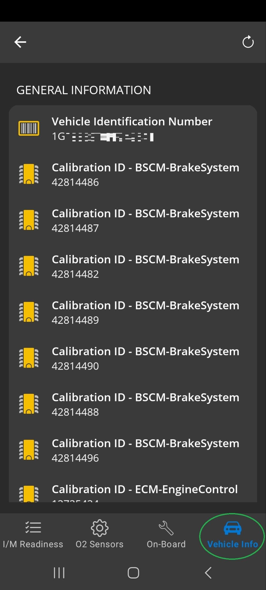 Android Monitors screen with the Vehicle Info tab highlighted. Vehicle information is displayed.