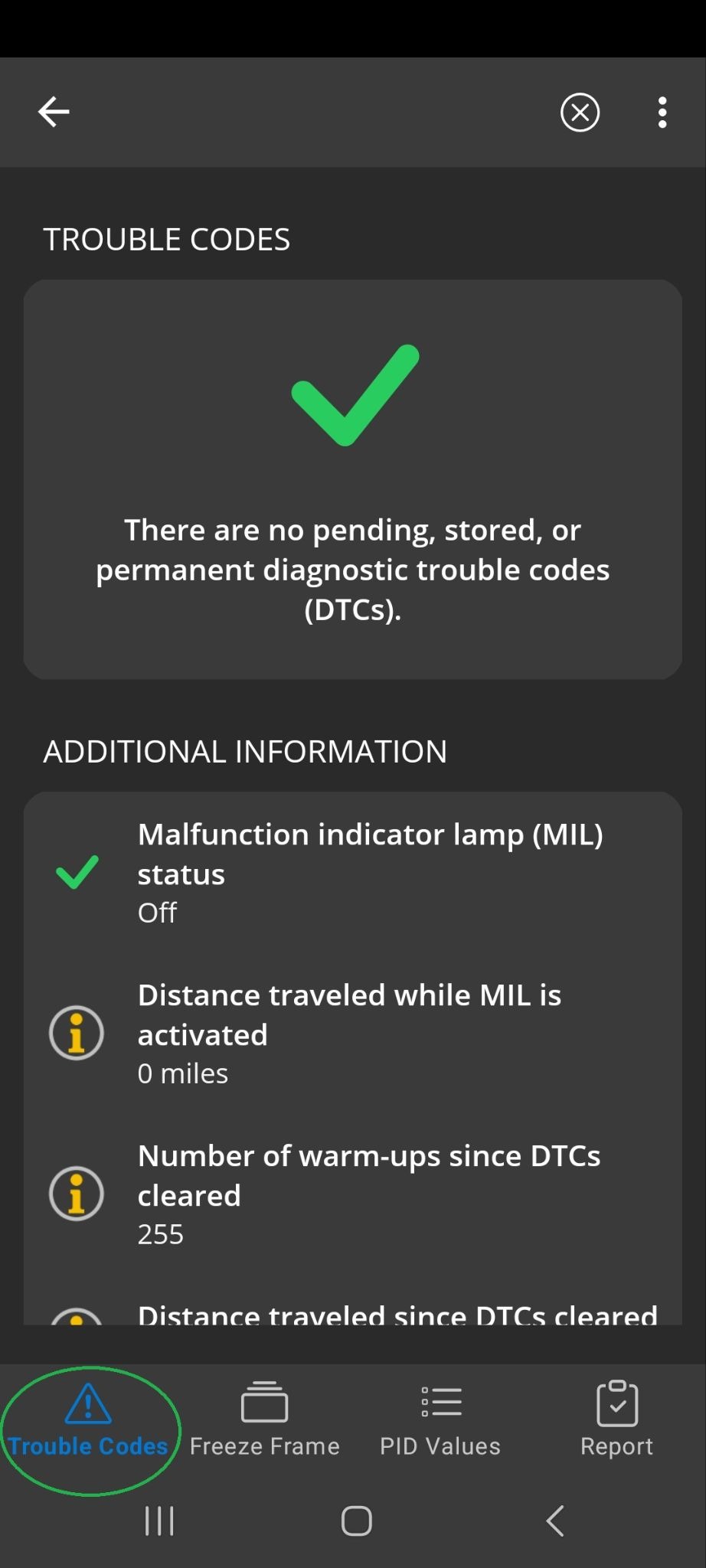 Android screen showing the Trouble Codes tab. There is a green checkmark indicating all tests passed.