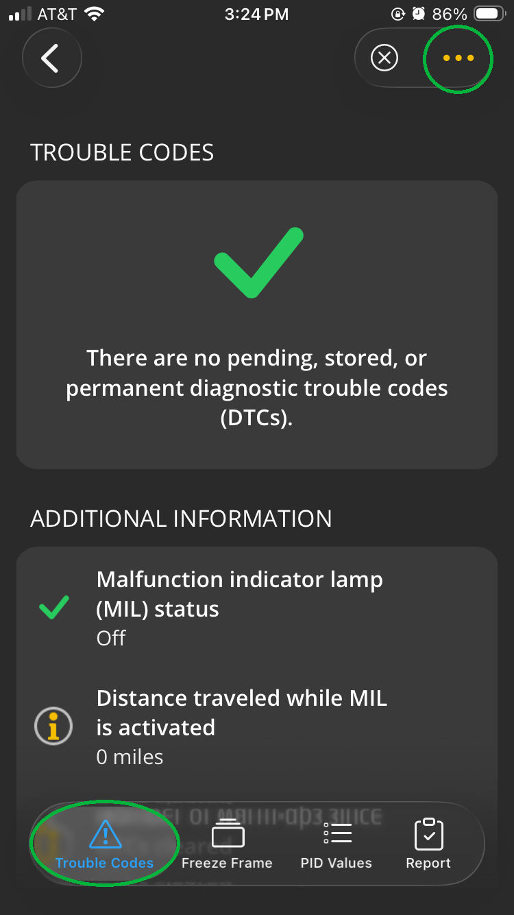 iOS screen showing the Trouble Codes tab, which is highlighted. The 3 dots menu button in the upper right corner is also highlighted.