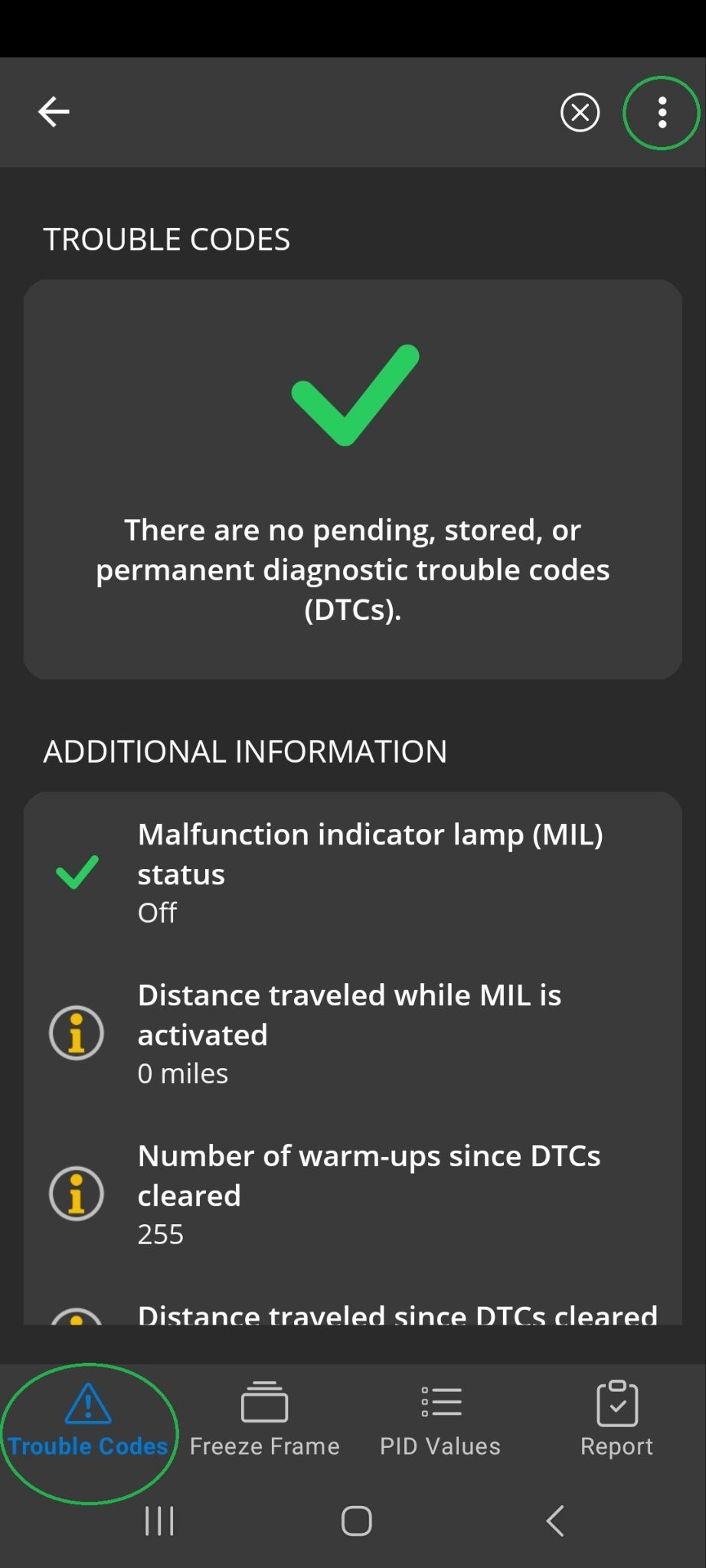 Android screen showing the Trouble Codes tab, which is highlighted. The 3 dots menu button in the upper right corner is also highlighted.