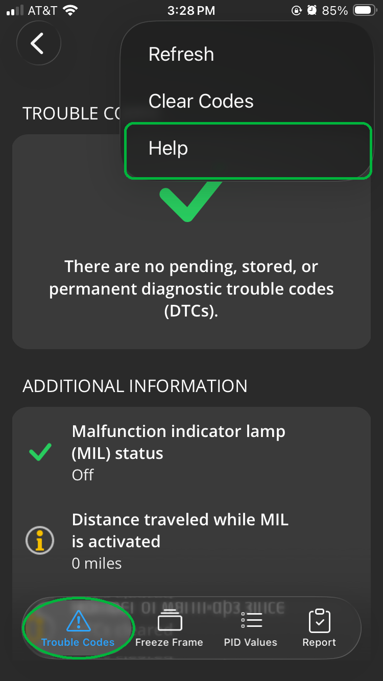 iOS screen showing menu options for the Trouble Codes tab, which is highlighted. The Help option is also highlighted.