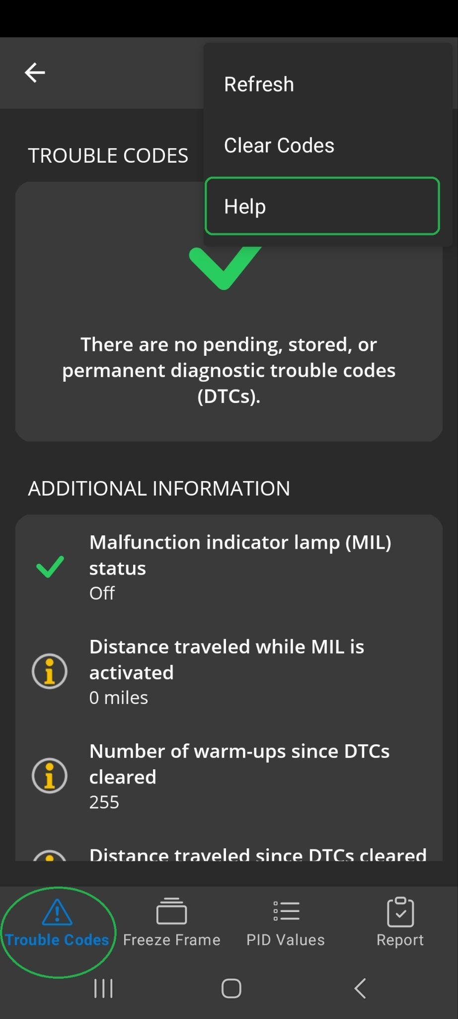 Android screen showing menu options for the Trouble Codes tab, which is highlighted. The Help option is also highlighted.