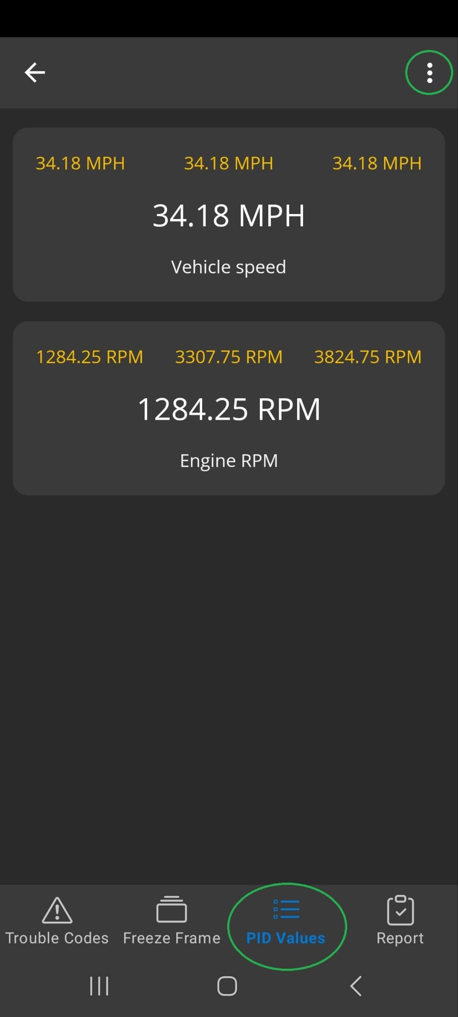Android Diagnostics screen showing the PID Values tab, which is highlighted. The 3 dots menu button in the upper right corner is also highlighted.