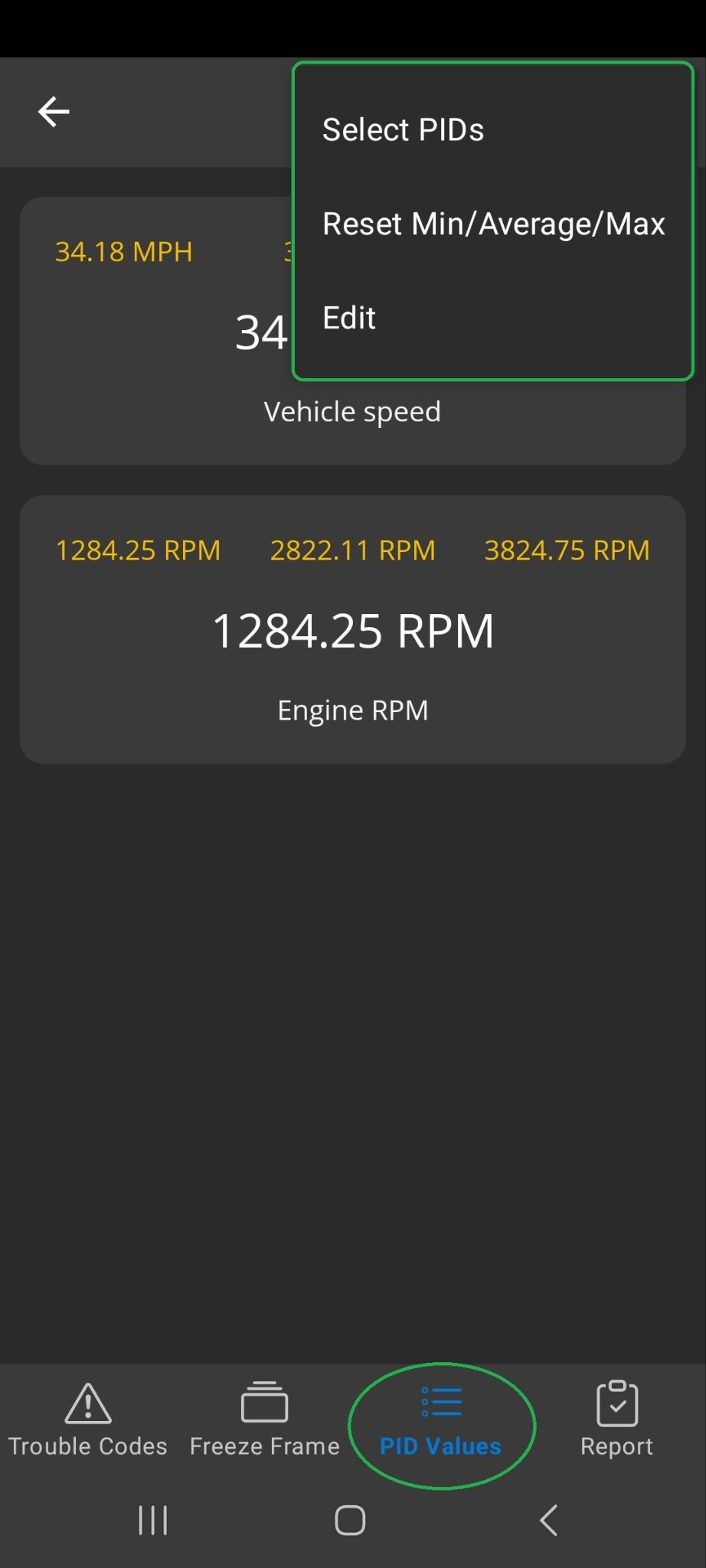 Android Diagnostics screen showing the PID Values tab, which is highlighted. The menu options are also highlighted.