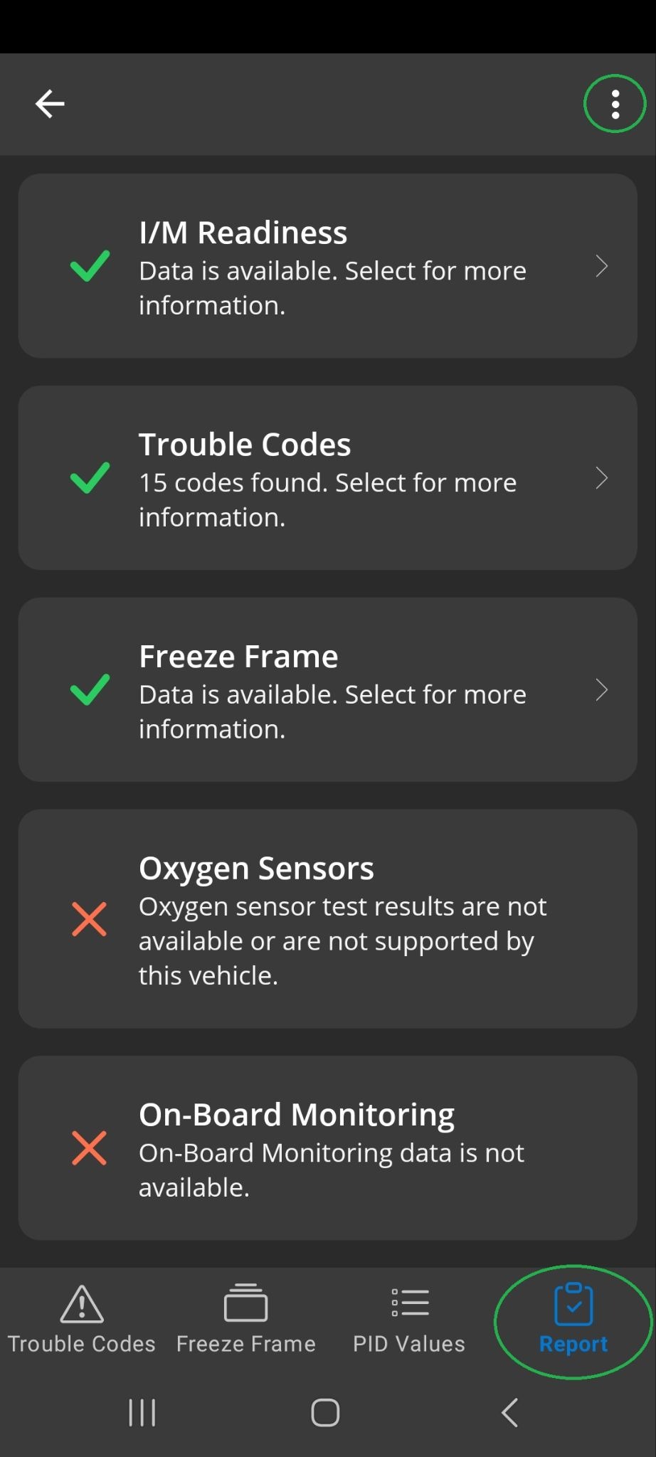 Android Diagnostics screen showing the Report tab, which is highlighted. The 3 dots menu button in the upper right corner is also highlighted.