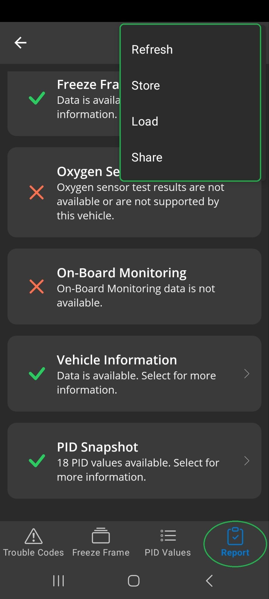 Android Diagnostics screen showing the Report tab, which is highlighted. The Report menu options are also highlighted.