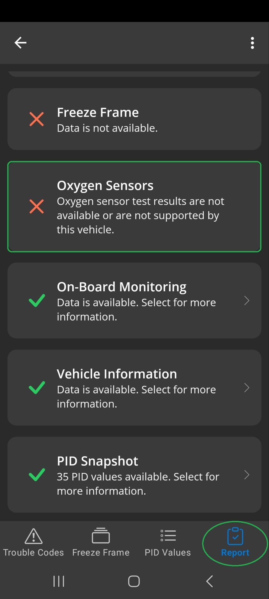 Android Diagnostics screenshot showing the Report tab, which is highlighted. The Oxygen Sensors section is also highlighted and it has a red X in the left column.